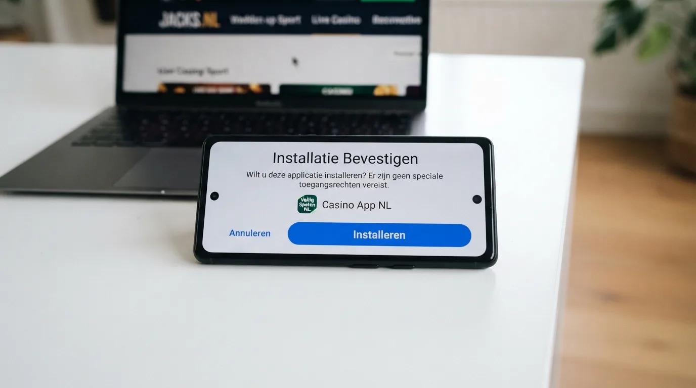 Een Android-telefoon met het installatiescherm van een APK-bestand, de knop 'Installeren' prominent in beeld, met op de achtergrond de casinosite zichtbaar