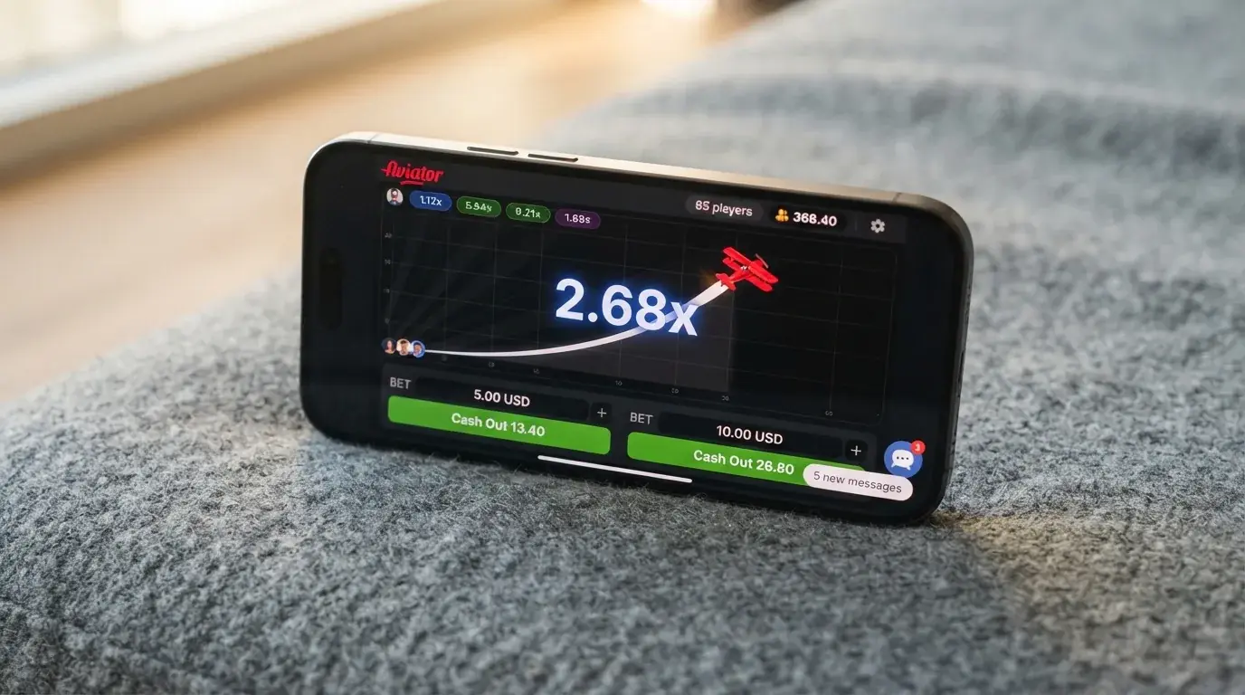 Een smartphone in landschapsmodus toont het Aviator-spel in een mobiele browser, inzetknoppen en live chat zichtbaar