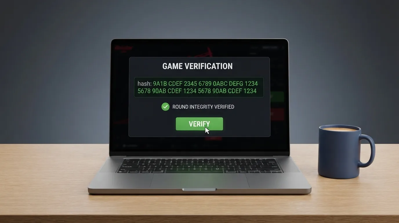 Een schermafbeelding van het Aviator-spel met zichtbare hashcodes en verificatieknoppen, toont spelers die een afgeronde ronde controleren
