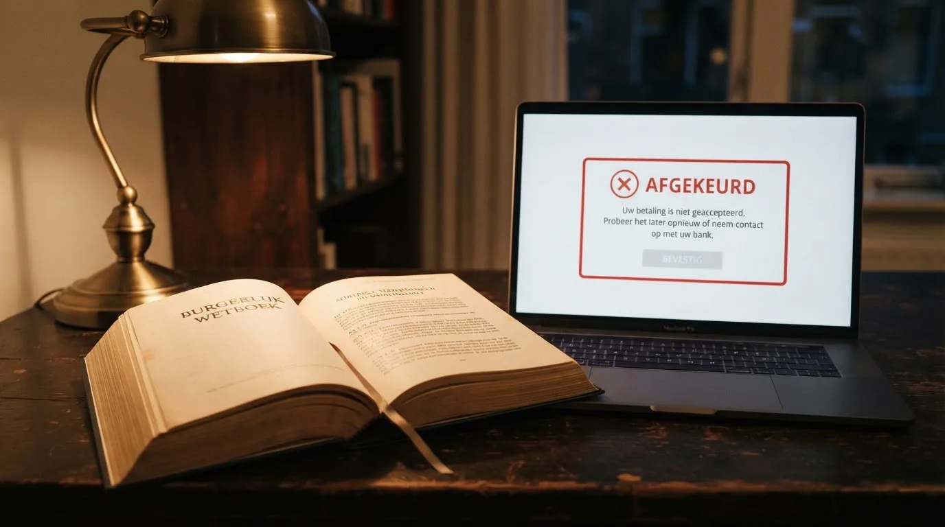 Een geopend wetboek naast een afgewezen betaalpoging op een scherm
