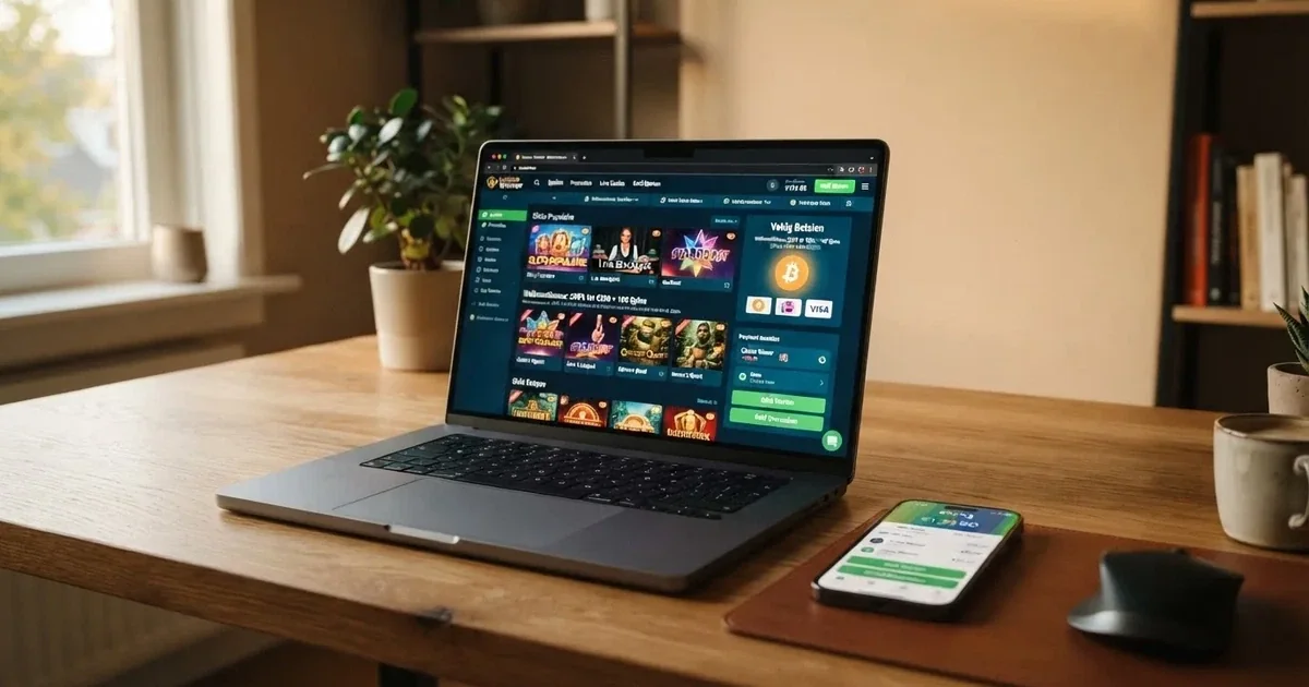 Een online casino-interface met bitcoin als betaaloptie op een laptopscreen, met een mobiele telefoon ernaast die een crypto-wallet toont