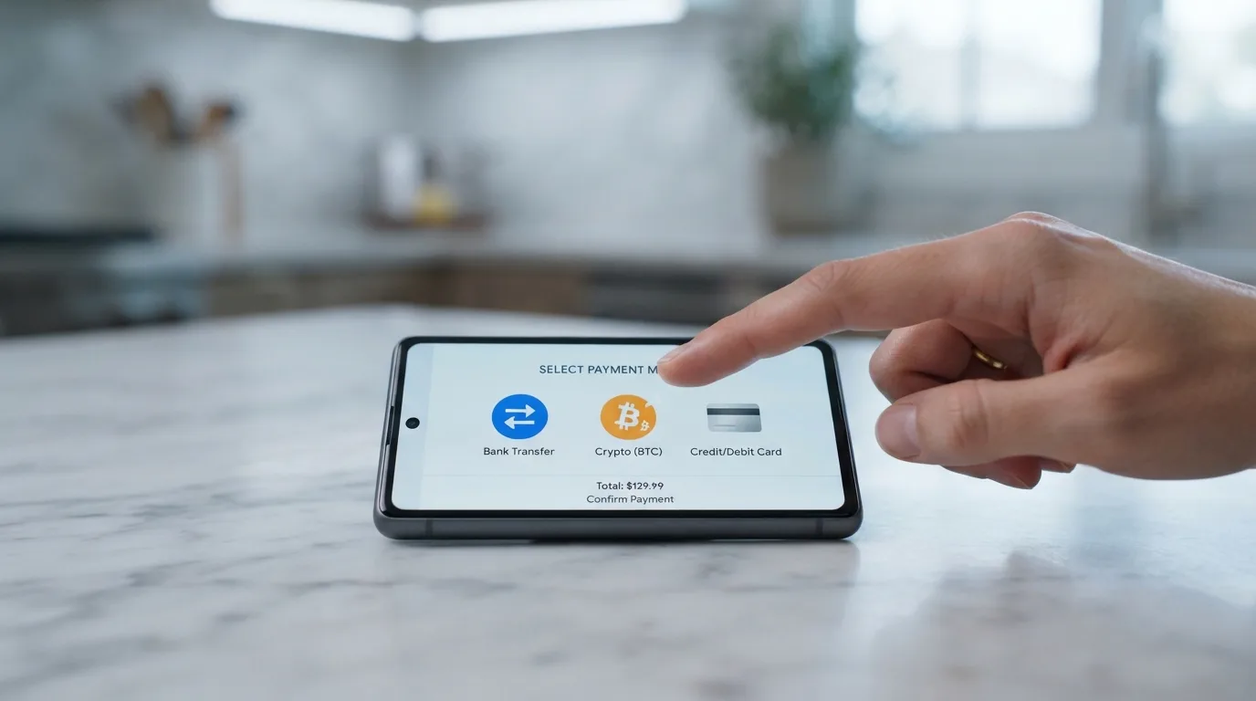 Een smartphone toont iDEAL, een Bitcoin-wallet en een creditcard als betaalopties naast elkaar op het scherm