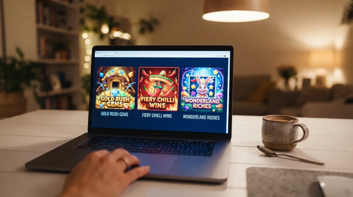 Een reeks Big Time Gaming-gokkasten op een laptopscreen, met Bonanza Megaways, Extra Chilli en White Rabbit prominent in beeld