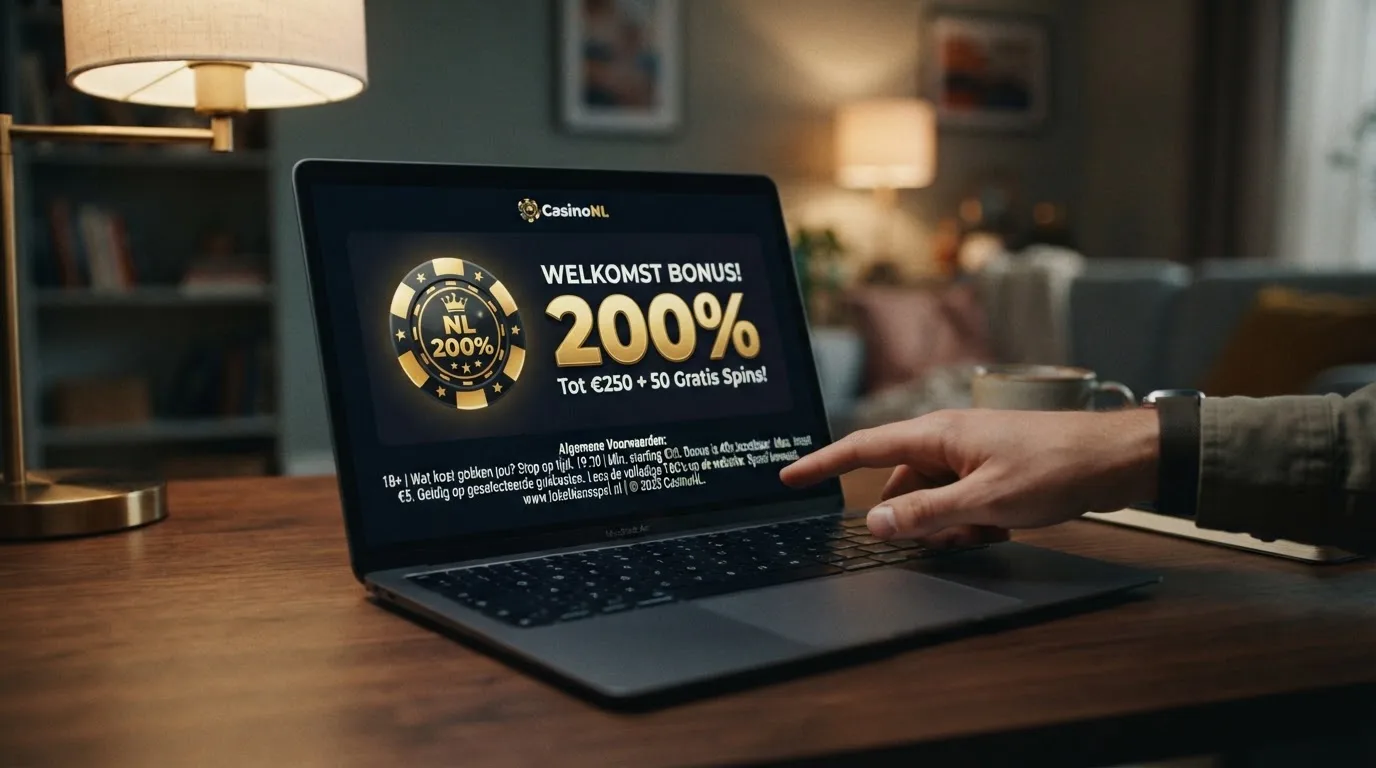 Een welkomstbonus-aankondiging van een bitcoin casino met de voorwaarden in kleine letters uitgelicht