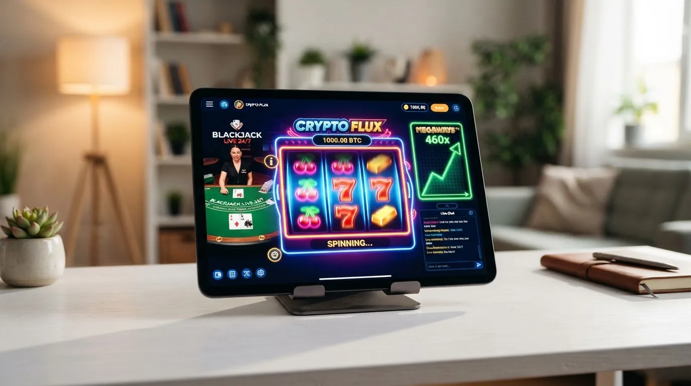 Kleurrijk scherm van een bitcoin casino met slots, een live dealer-tafel en crash-game grafieken