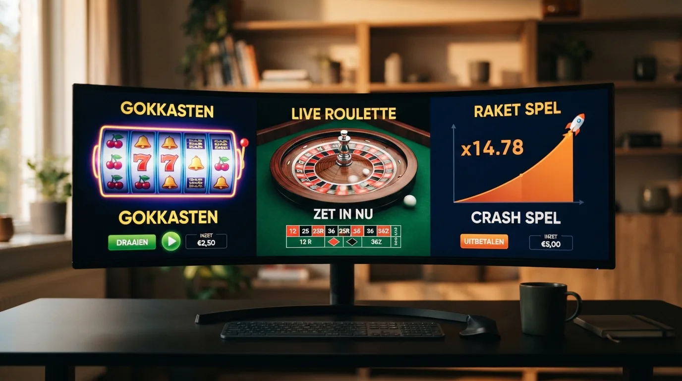Een scherm met kleurrijke gokkasten, live roulette-tafels en een crash-spel in beeld