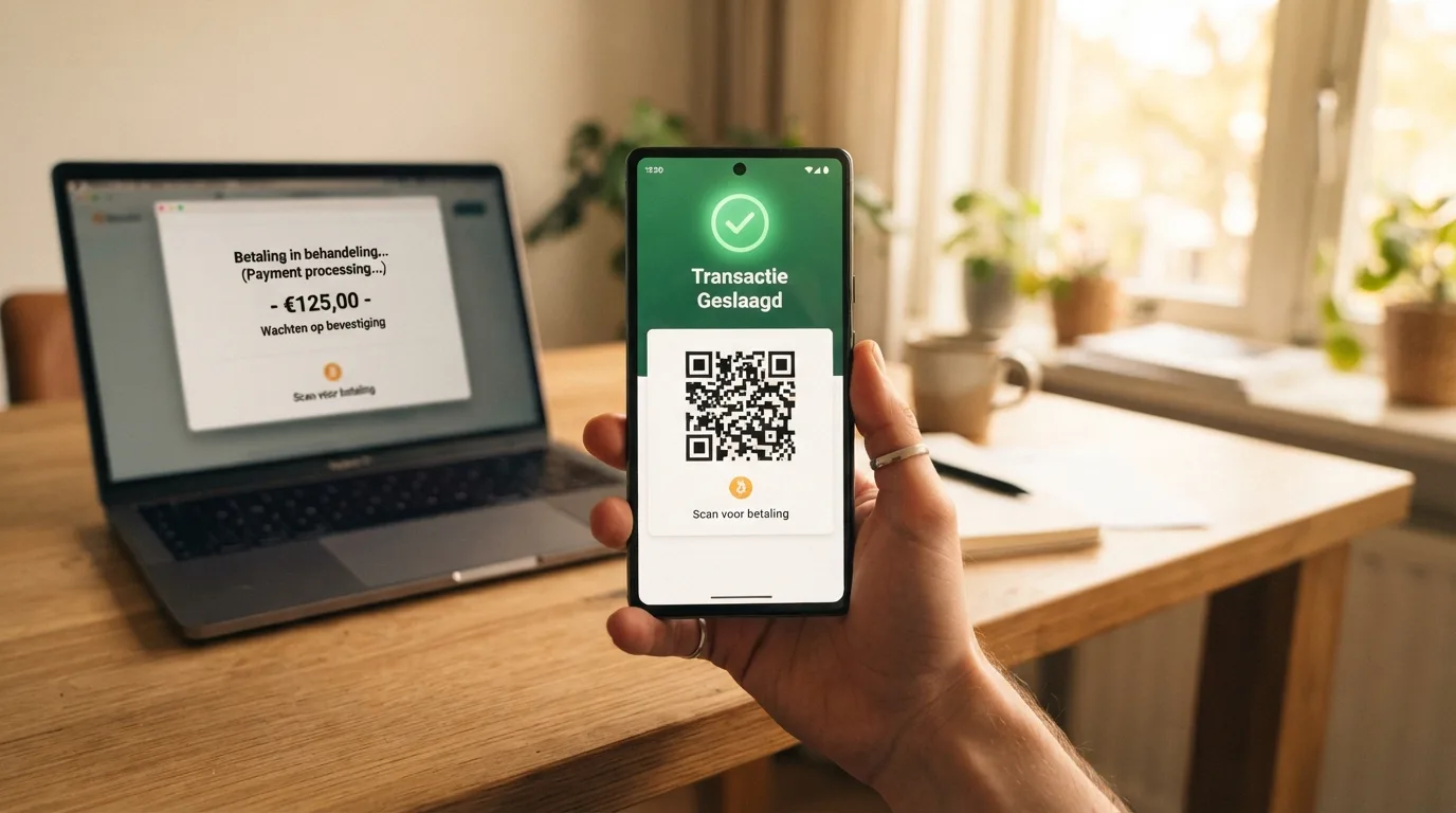 Een smartphone die een QR-code scant voor een bitcoin-transactie, met een bevestigingsscherm op de achtergrond