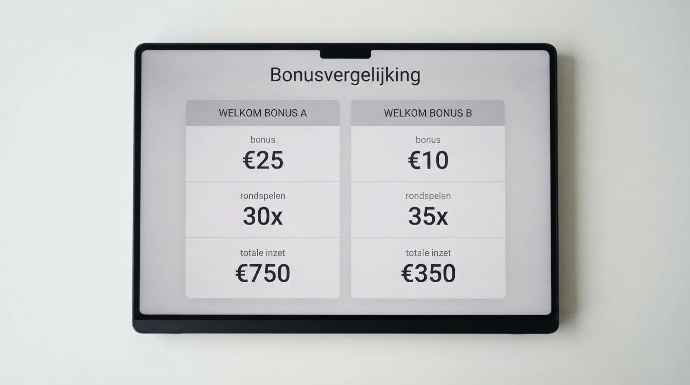 Een zij-aan-zij-vergelijking van de bonusvoorwaarden van Kansino en OneCasino op een scherm, met pijlen naar de rondspeelvoorwaarde en maximale uitbetaling.