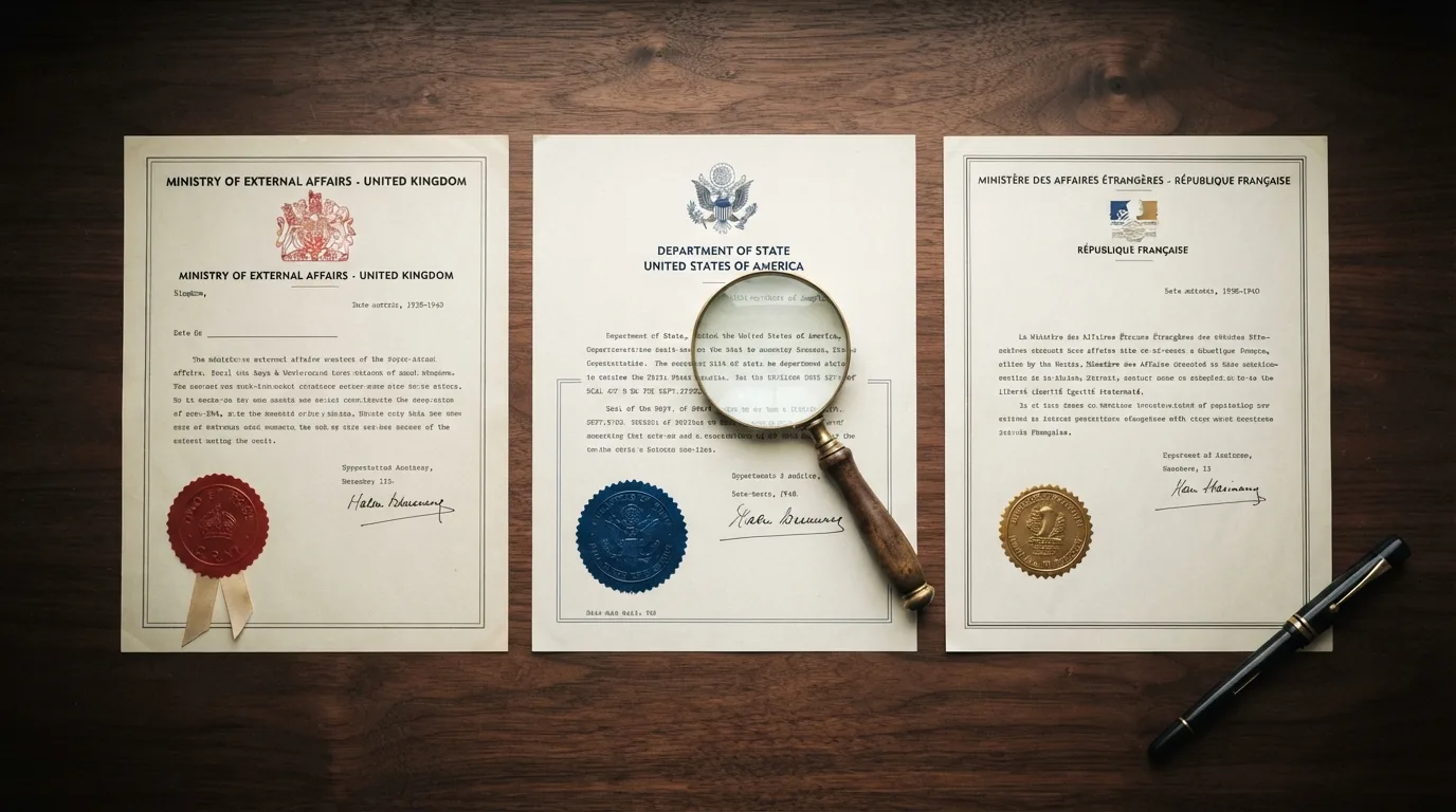 Drie vergunningsdocumenten van Malta (MGA), Curaçao en Anjouan naast elkaar op een bureau, met een loep erboven