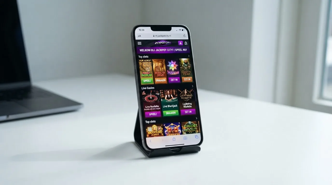 Een iPhone-toestel met links een casino-app en rechts dezelfde casinopagina geopend in Safari, naast elkaar