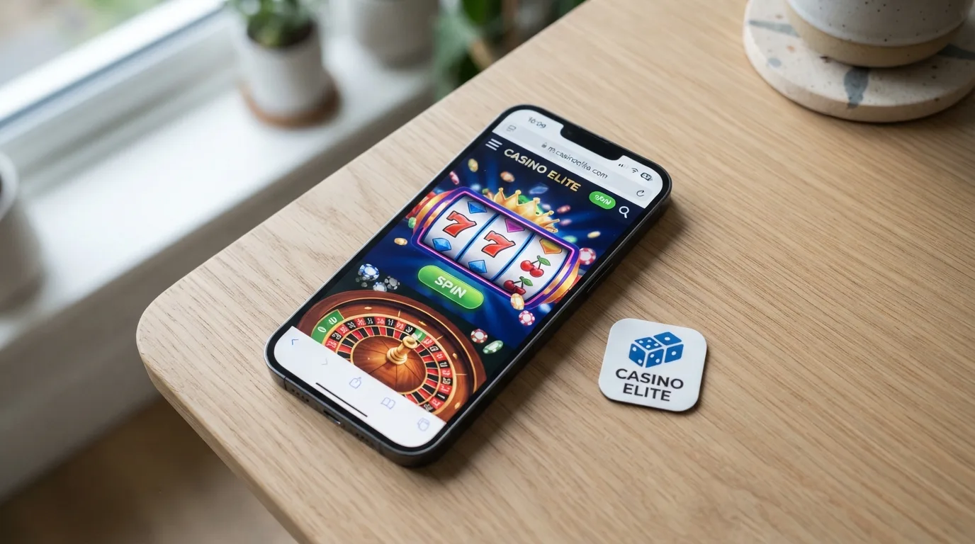 Een mobiele telefoon met een casino-website in de browser naast een app-icoon