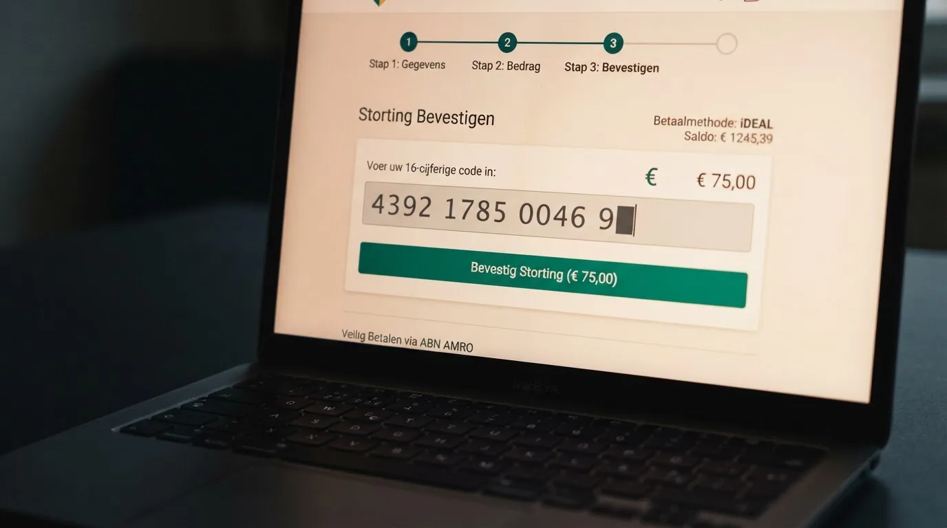 Close-up van een laptopscherm waarop een speler een 16-cijferige paysafecard-code invoert in het stortingsveld van een online casino