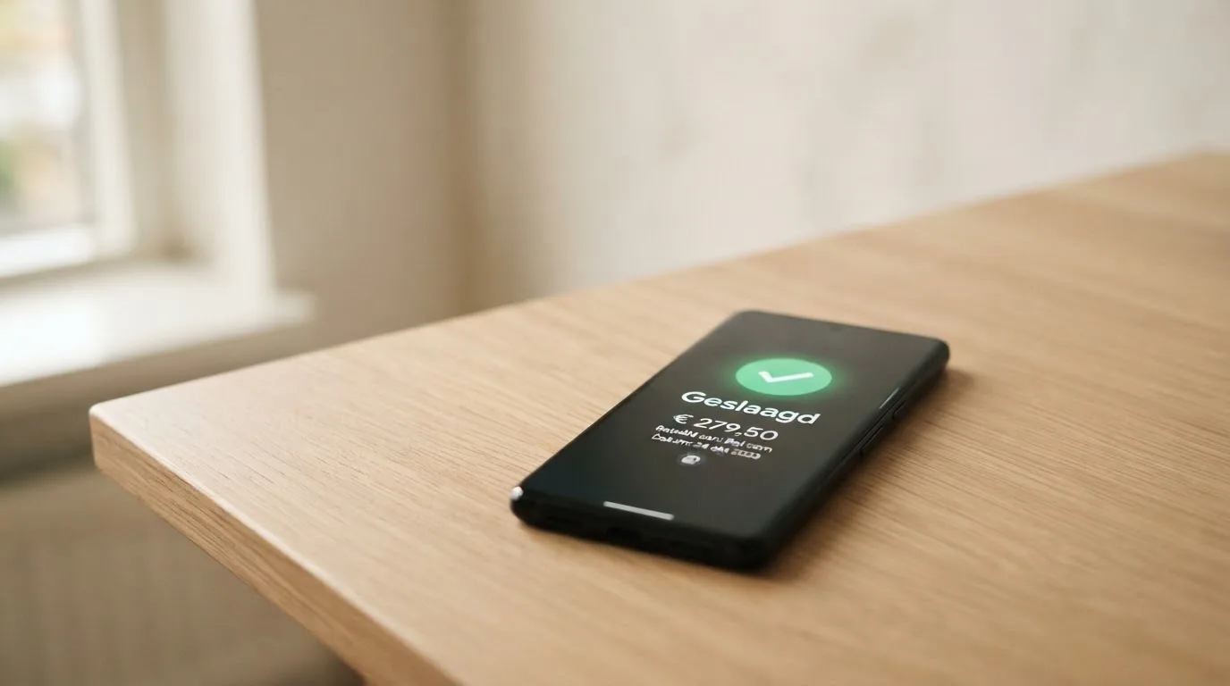 Een smartphone met een bevestigingsscherm van een geslaagde casino-uitbetaling via een bank-app