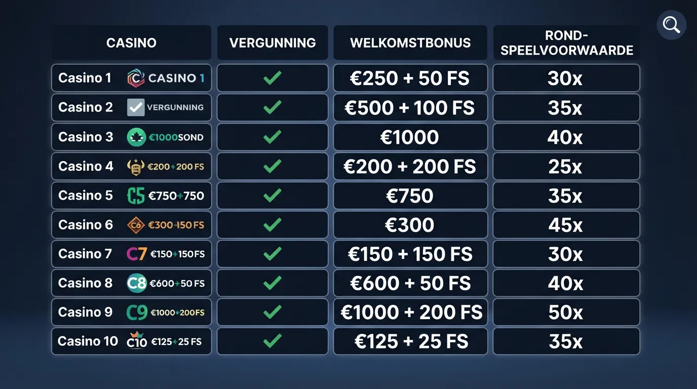 Overzichtstabel van tien KSA-casino's met vergunning, welkomstbonus en rondspeelvoorwaarde