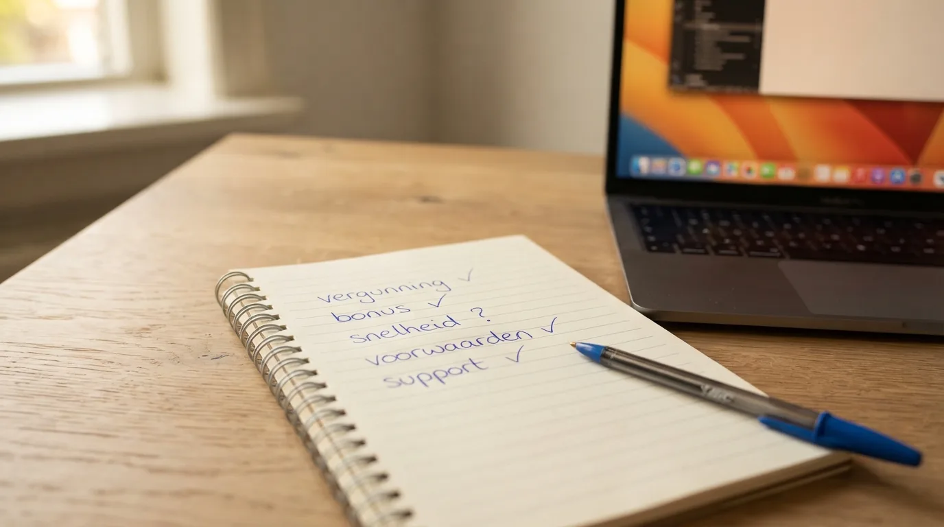 Een close-up van een notitieblok naast een laptop, waarop vijf beoordelingscategorieën met de hand zijn genoteerd: vergunning, bonus, snelheid, voorwaarden en support — met achter elk item een vinkje of een vraagteken.