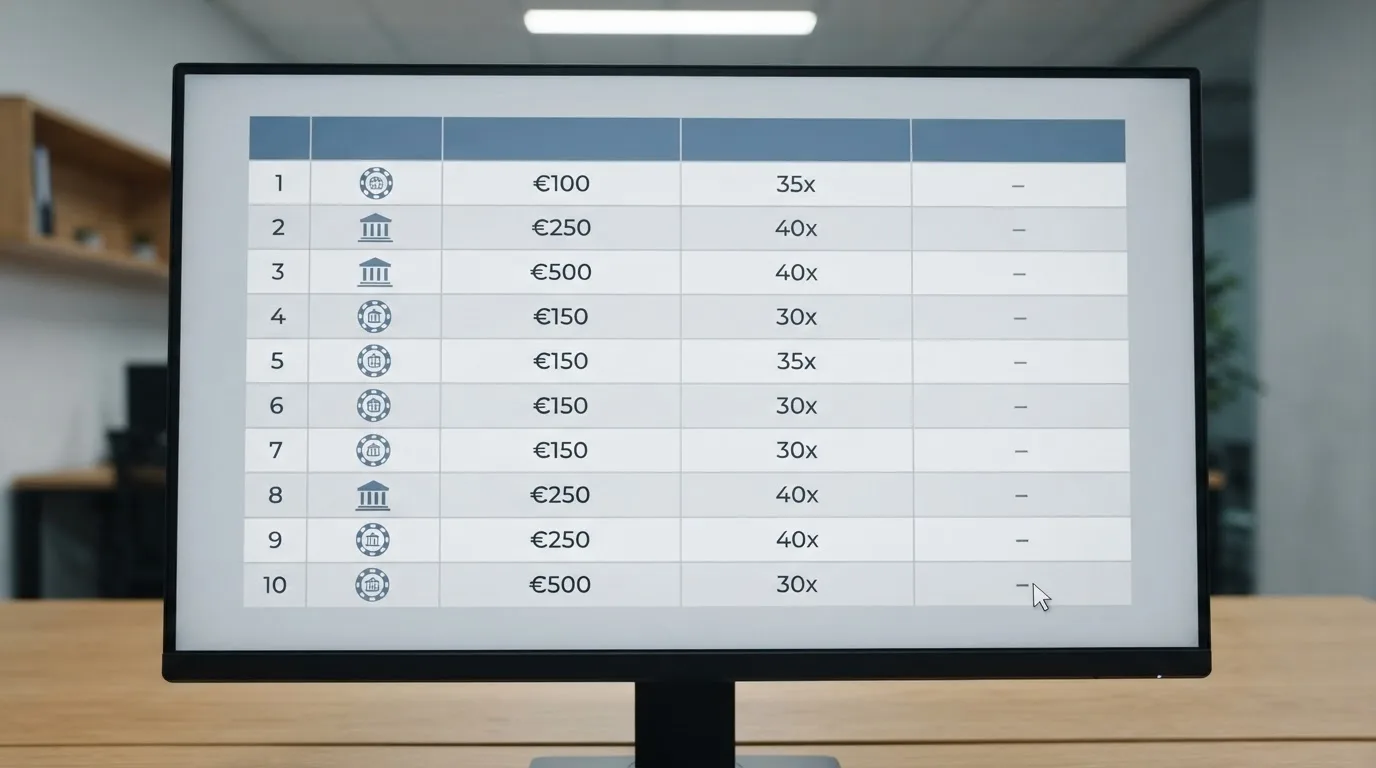 Een rij van tien Nederlandse casino-logo's met hun bonusvoorwaarden en MiFinity-status in een overzichtelijke vergelijkingsopstelling, op een beeldscherm met een muisaanwijzer die over de kolom 'MiFinity' zweeft