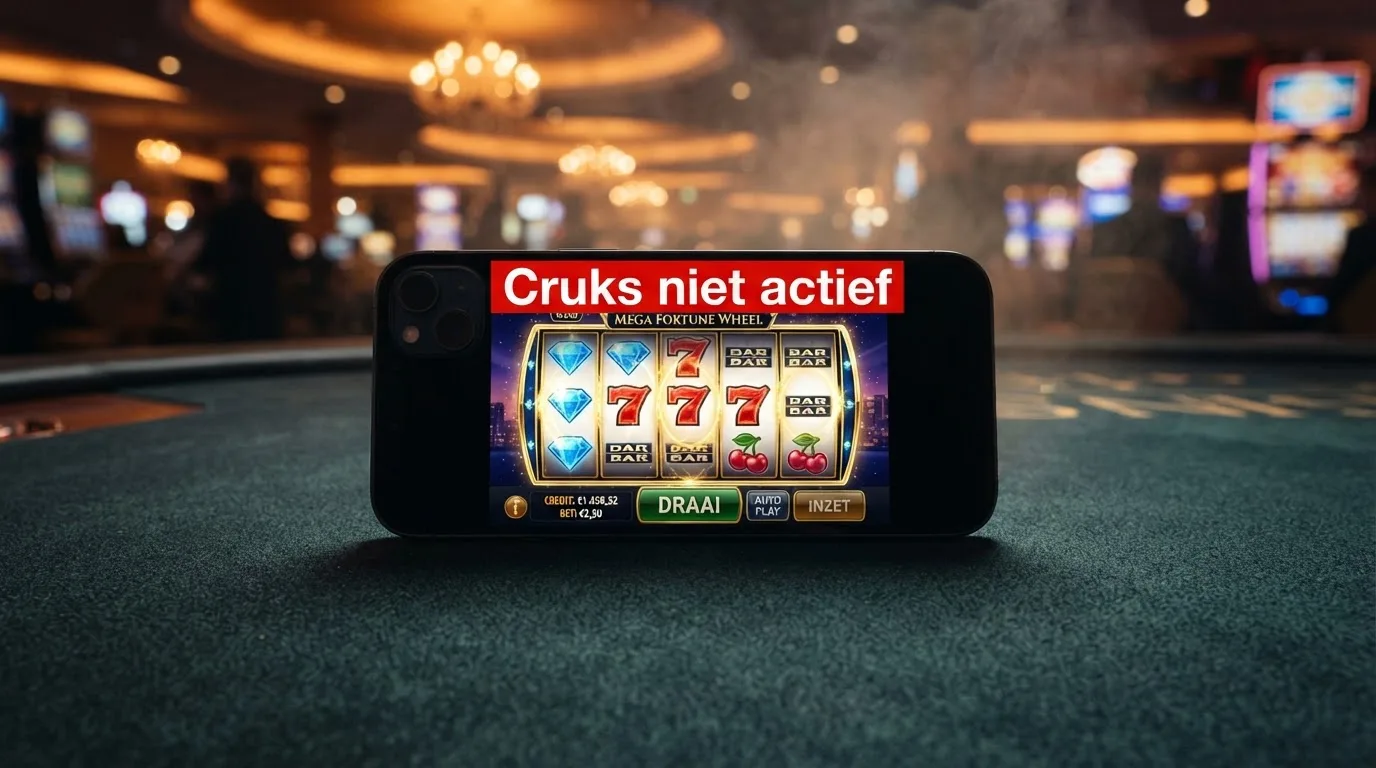 Een smartphone toont een casino-app met een pop-upmelding 'Cruks niet actief op dit platform — zelfuitsluiting niet van toepassing', terwijl op de achtergrond vaag een casino-omgeving zichtbaar is.