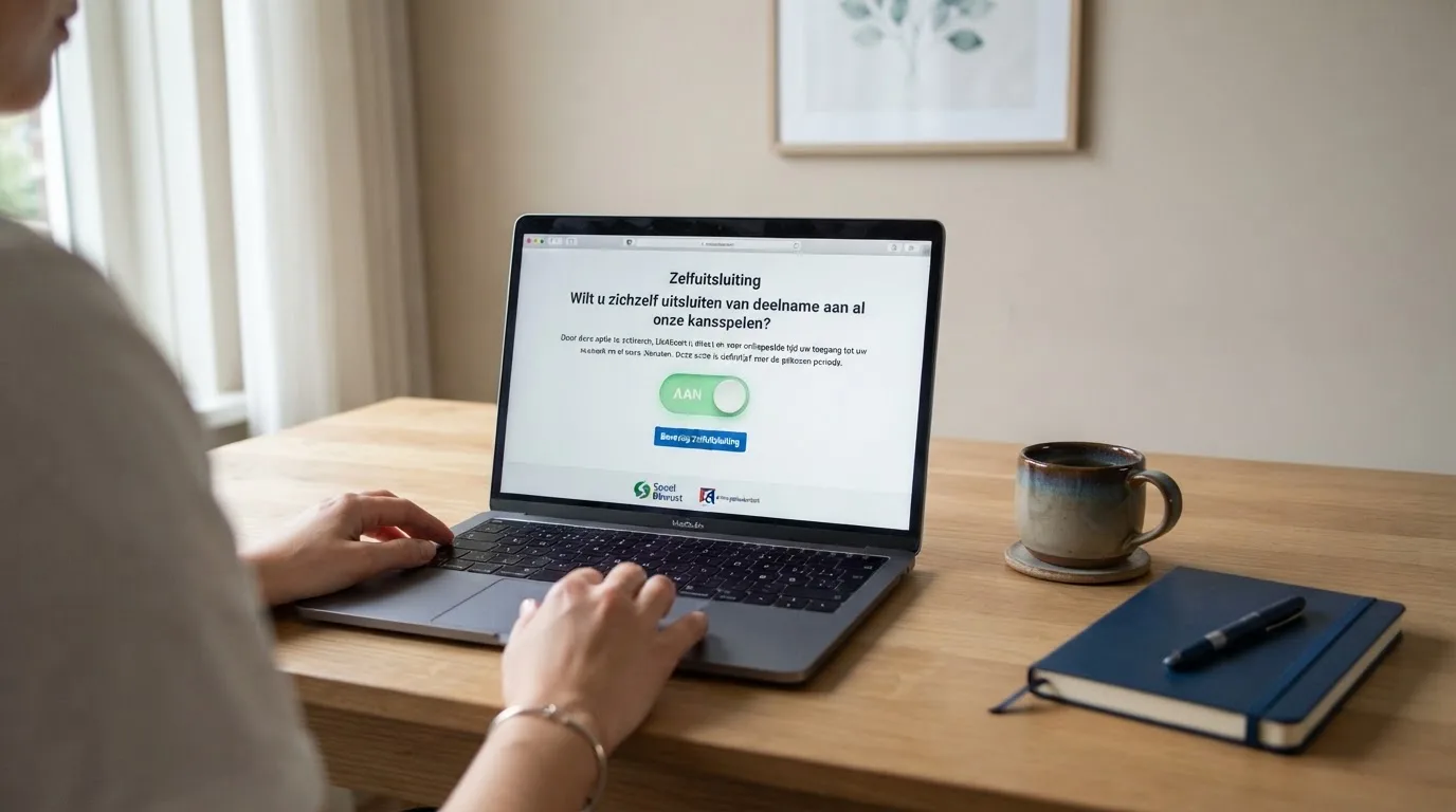 Een laptop toont het aanmeldscherm voor zelfuitsluiting bij online kansspelen.