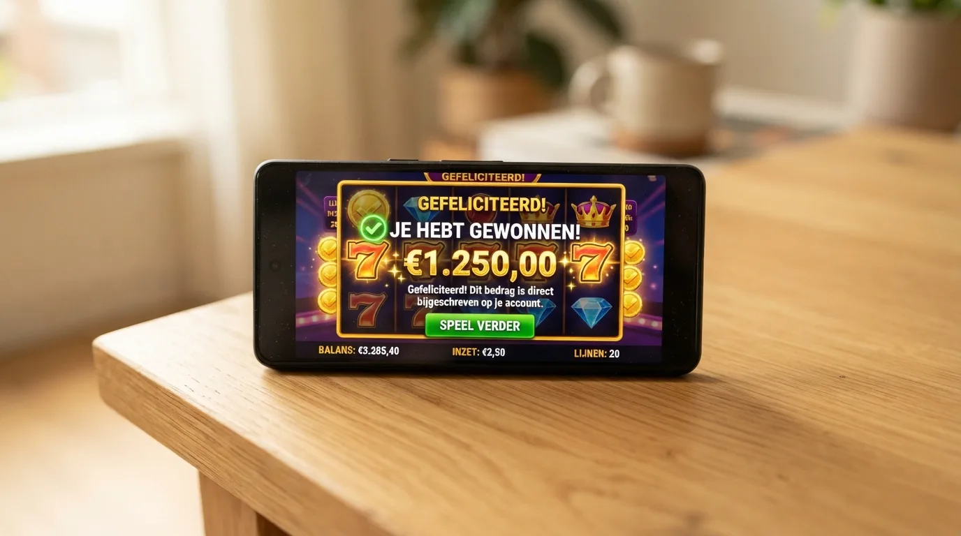 Een jackpotslot op een telefoonscherm met een jackpotwinst-melding in het Nederlands en een vinkje voor uitbetaling
