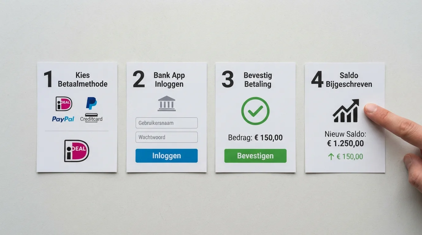 Vier stappen van een iDEAL-storting: betaalmethode kiezen, bank-app openen, betaling bevestigen, saldo op het spelersaccount