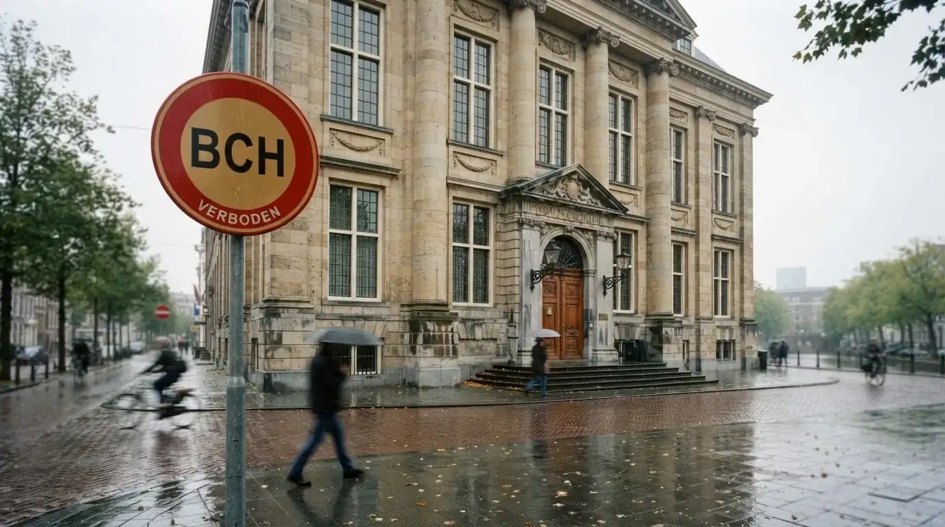 Het gebouw van de Kansspelautoriteit in Den Haag met daarnaast een gestileerd verbodsteken over een Bitcoin Cash-munt