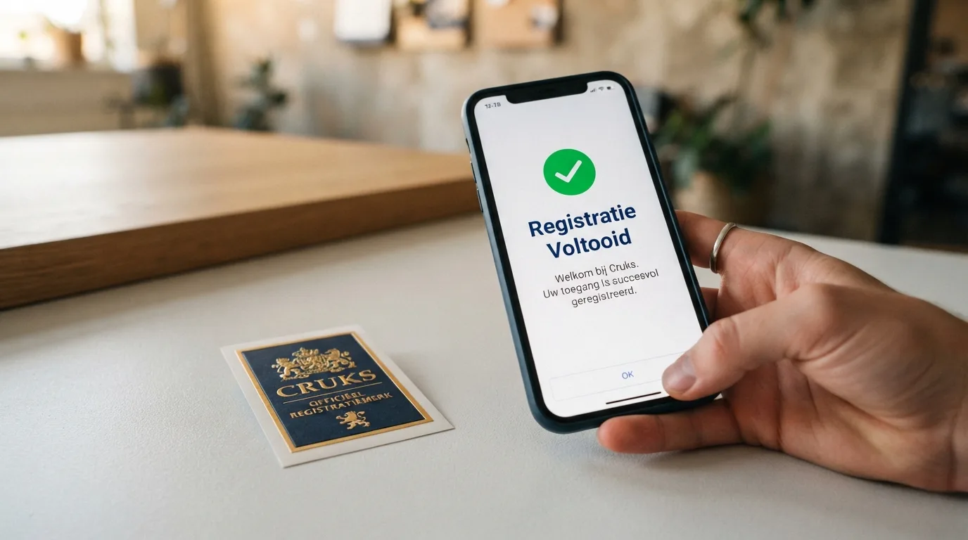 Een close-up van het KSA-keurmerk naast een smartphone die het Cruks-register toont