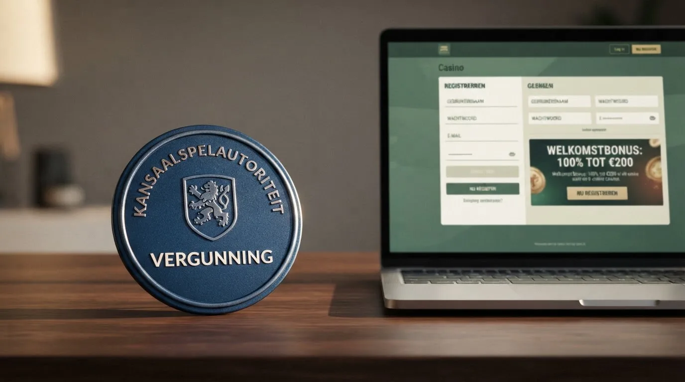 Een close-up van het Kansspelautoriteit-keurmerk naast de homepage van een gereguleerd Nederlands online casino.