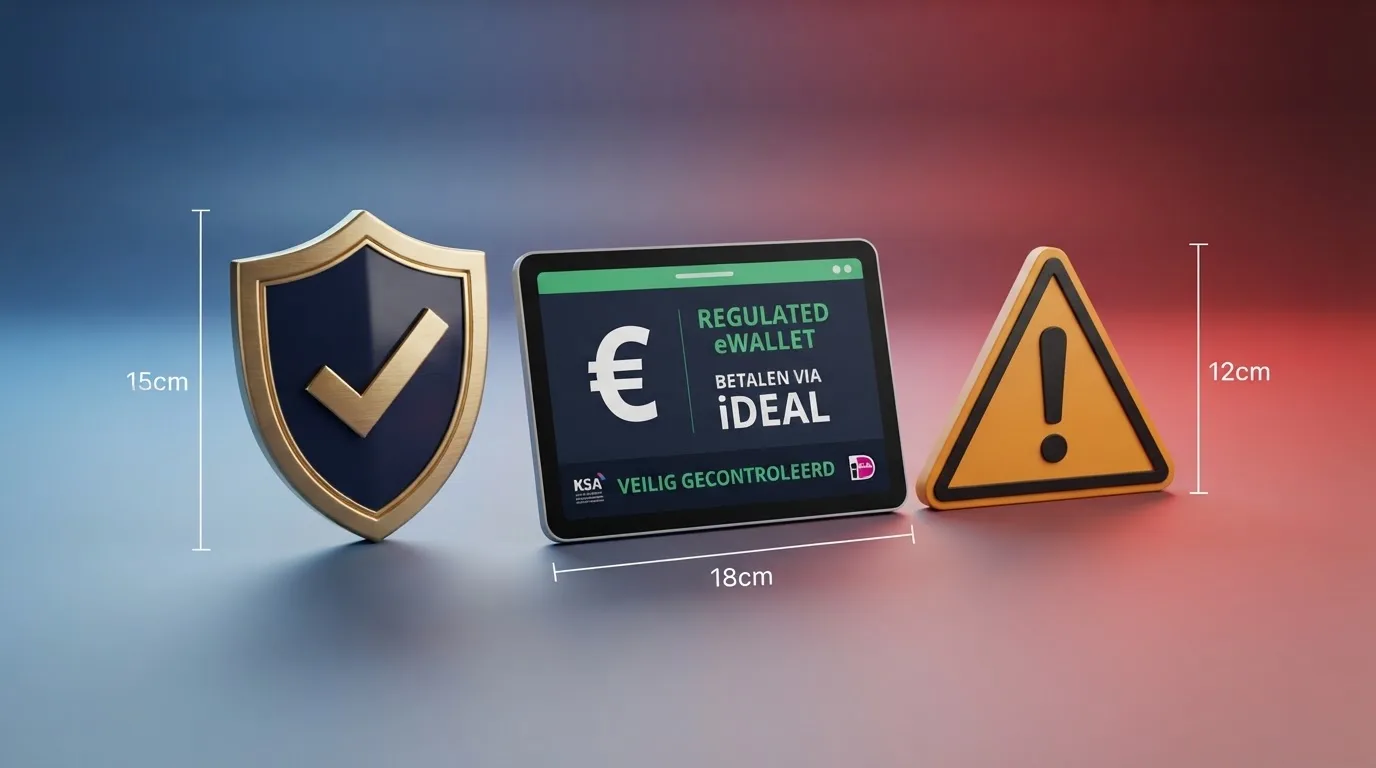 Het Ksa-logo en keurmerk naast waarschuwingspictogrammen die een offshore casino zonder Nederlandse licentie markeren, met een MiFinity-betaalinterface op de achtergrond