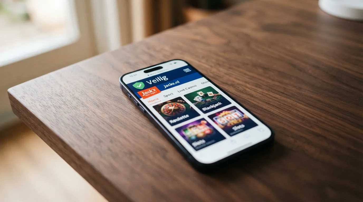 Close-up van een smartphone-scherm met een casino-website waarop het Ksa-vergunninglogo en keurmerk voor veilig spelen duidelijk zichtbaar zijn