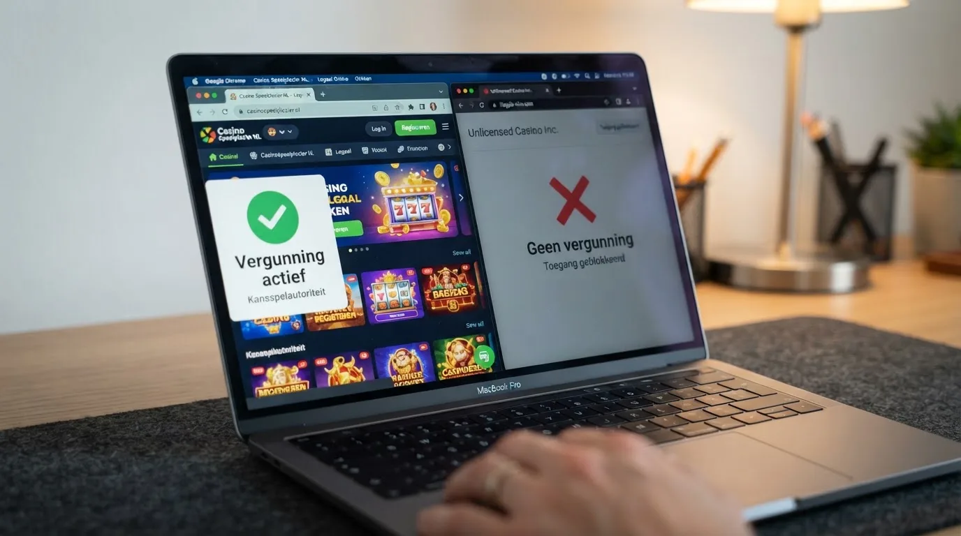 Een close-up van een computerscherm waarop het Ksa-keurmerk naast een casino-URL staat, met als contrasterend element een rood kruis door een scherm met 'Geen Ksa-vergunning'