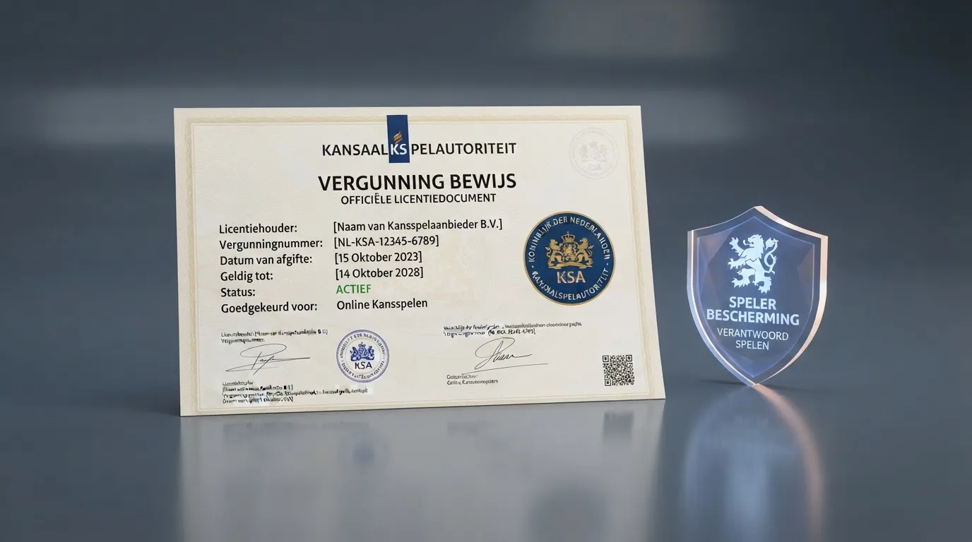 Het Ksa-logo naast een Nederlands paspoort en een lijst met vergunningsvoorwaarden op een scherm