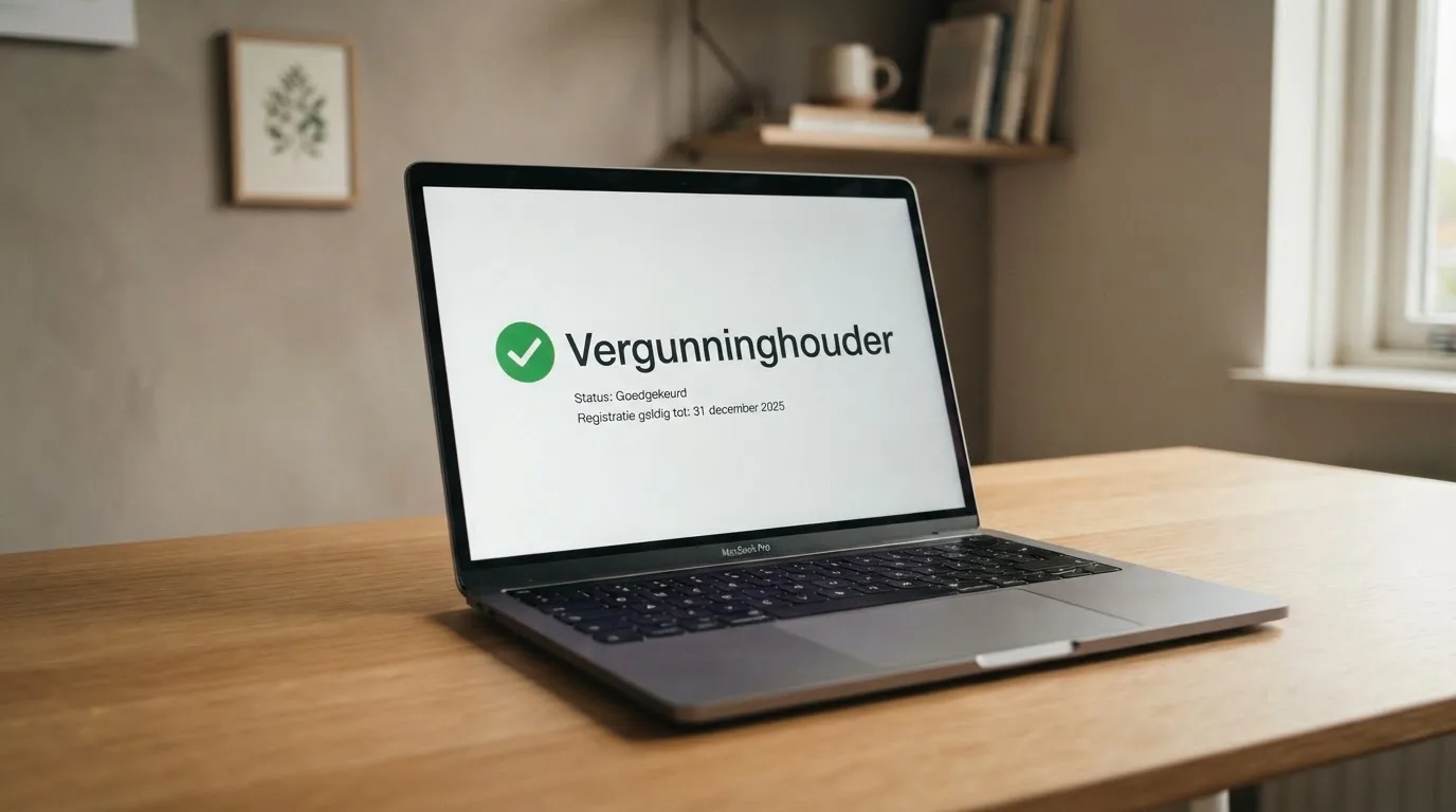 Een computerscherm met het logo van de Kansspelautoriteit en een groen vinkje naast de tekst “Vergunninghouder”
