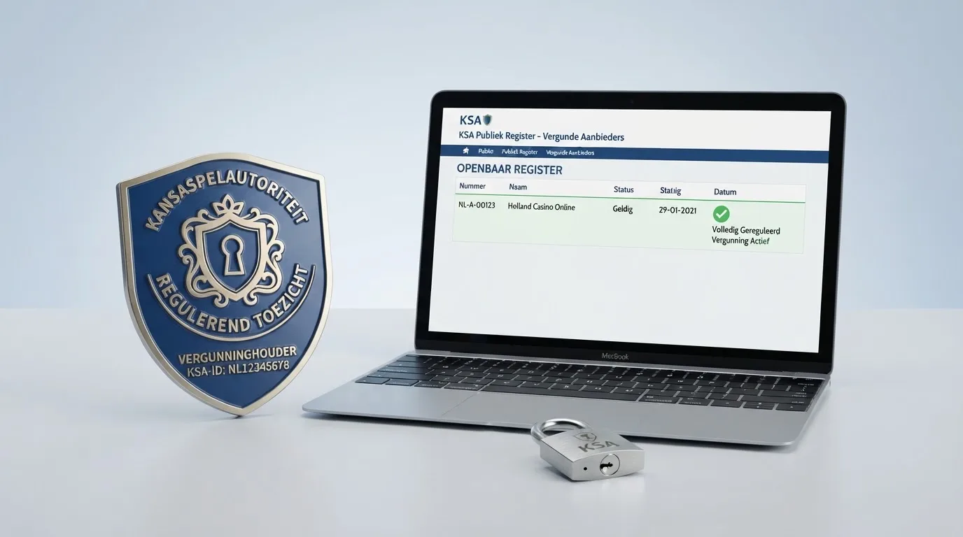 Het logo van de Kansspelautoriteit naast een screenshot van het openbare Ksa-vergunningregister met een gemarkeerde vergunninghouder