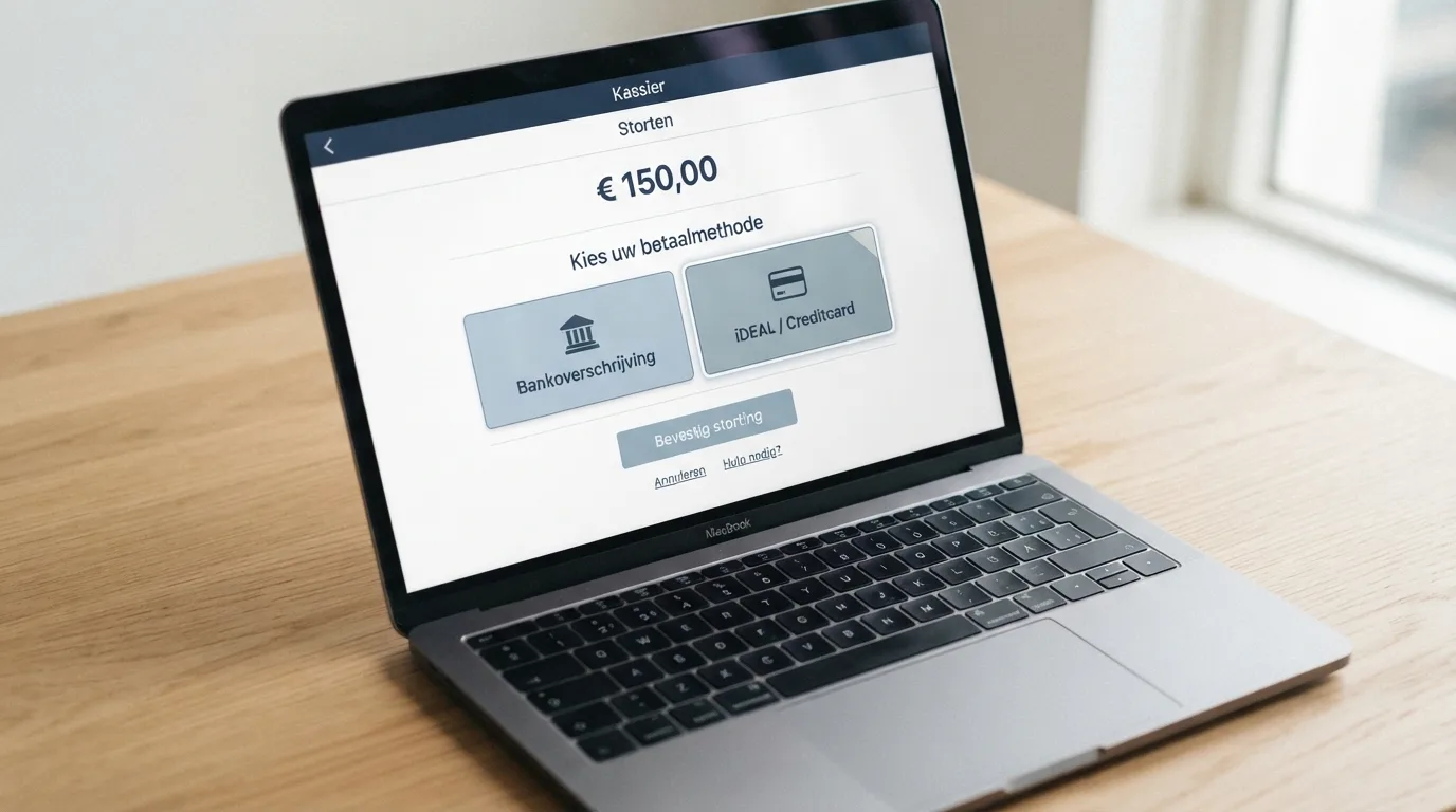 Een Nederlandse casino-kassa met iDEAL en bankoverschrijving als zichtbare betaalopties