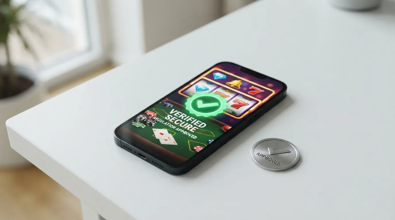 Het logo van de Kansspelautoriteit naast een smartphone met een casino app en een vinkje