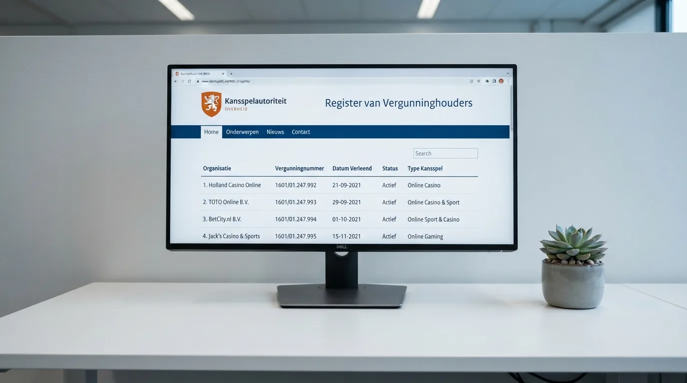 Een beeldscherm met het vergunningenregister van de Kansspelautoriteit en het Cruks-logo.
