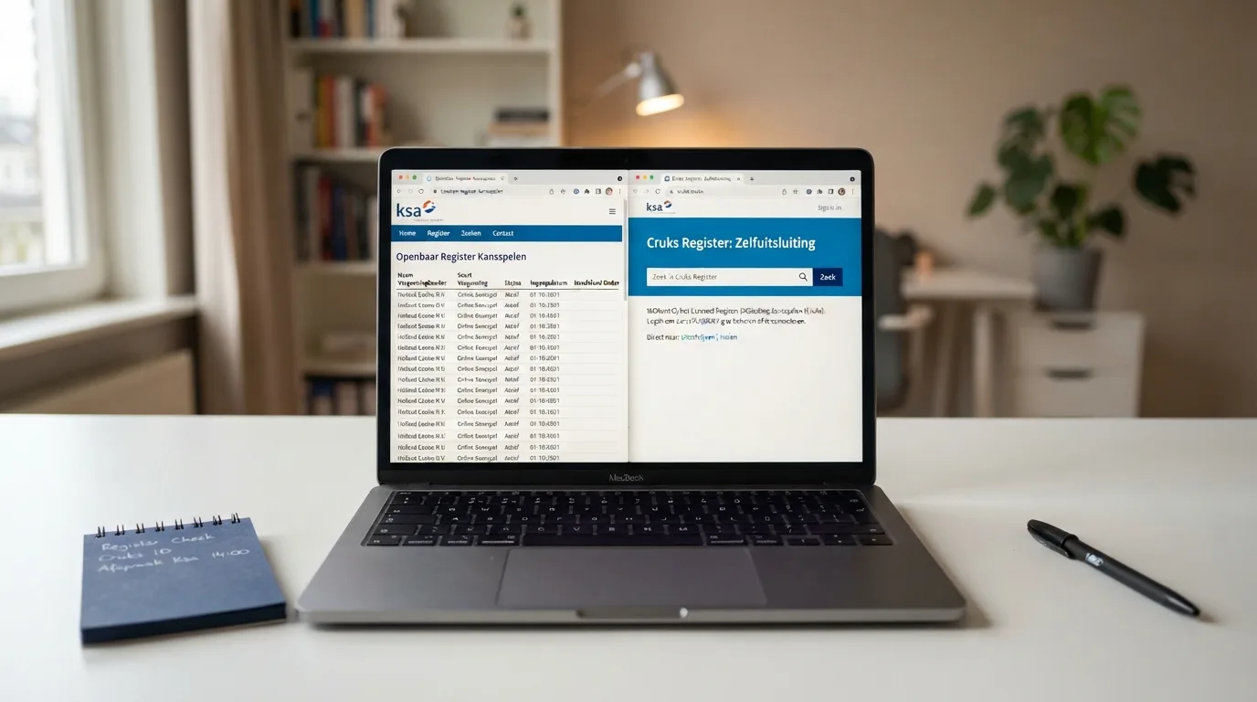 Scherm met het openbare Ksa-register en een pagina van het Cruks-register voor zelfuitsluiting