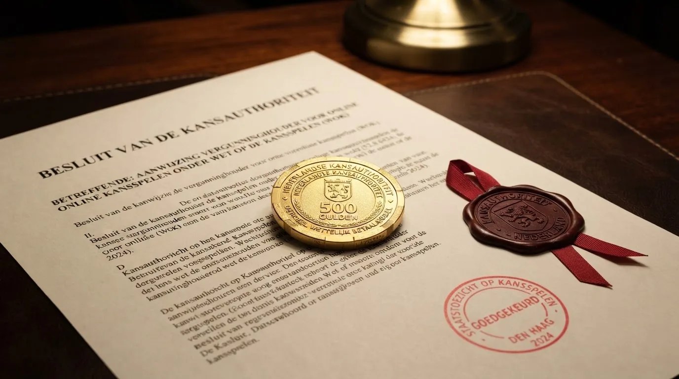 Het zegel van de Kansspelautoriteit naast een fysieke bitcoin-munt op een juridisch document
