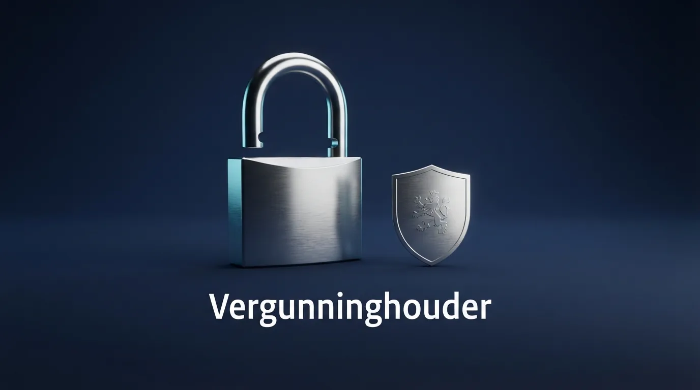Het logo van de Kansspelautoriteit naast een hangslot-icoon op een donkerblauwe achtergrond met de tekst “Vergunninghouder”