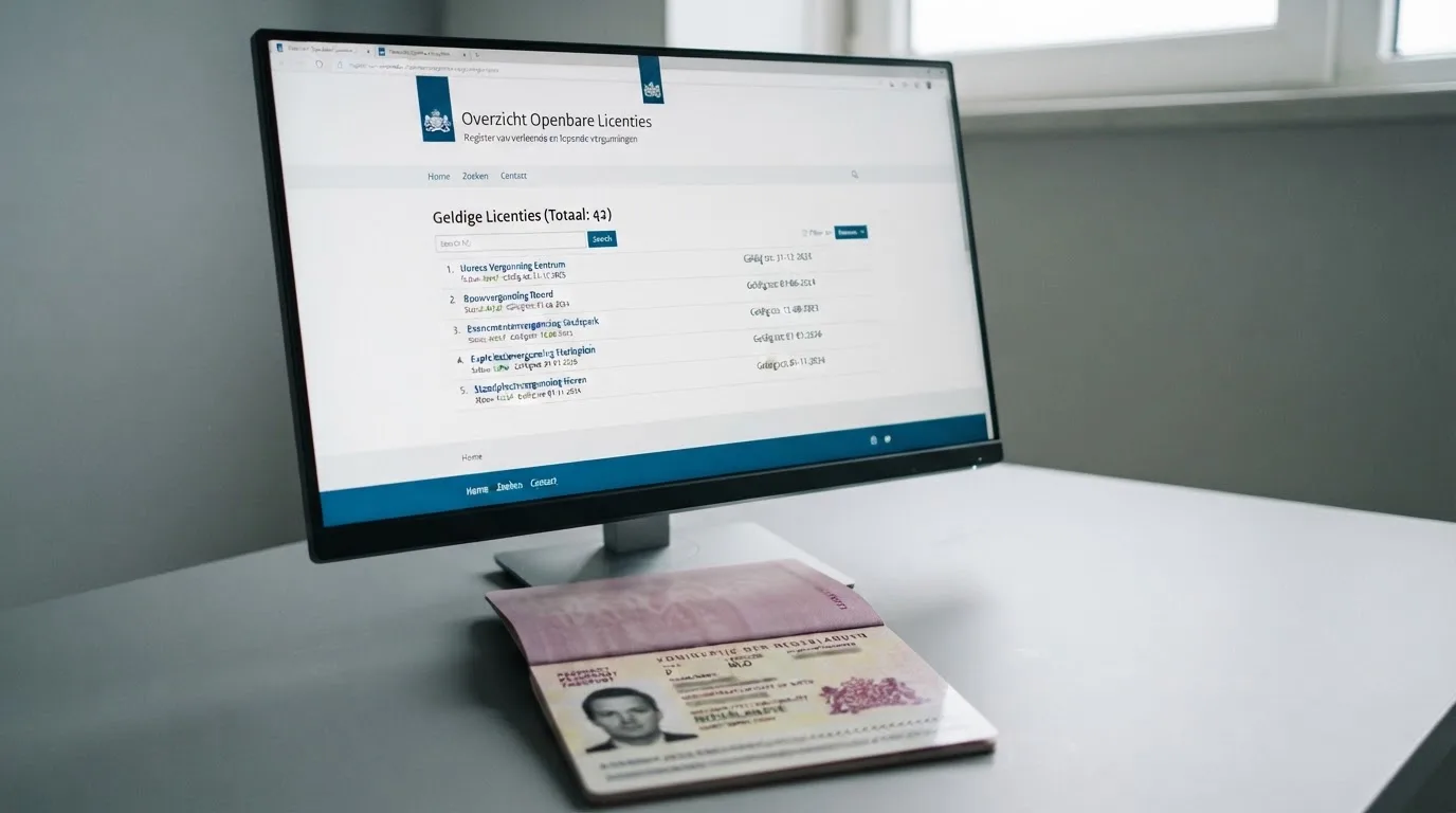 Een close-up van een beeldscherm met het Ksa-logo en een openbaar vergunningenoverzicht, naast een fysiek paspoort voor identiteitsverificatie