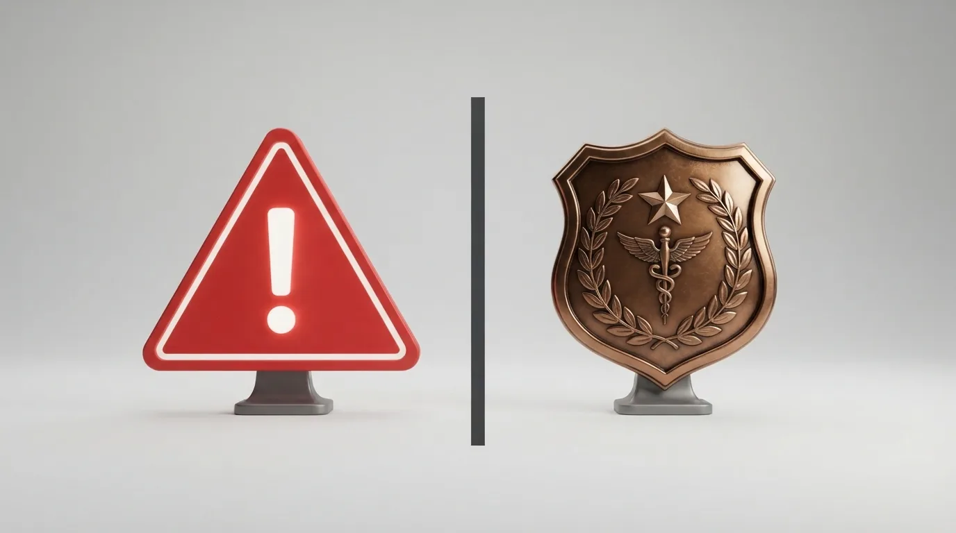 Een rood waarschuwingsteken naast het logo van de Kansspelautoriteit, gescheiden door een dikke lijn.