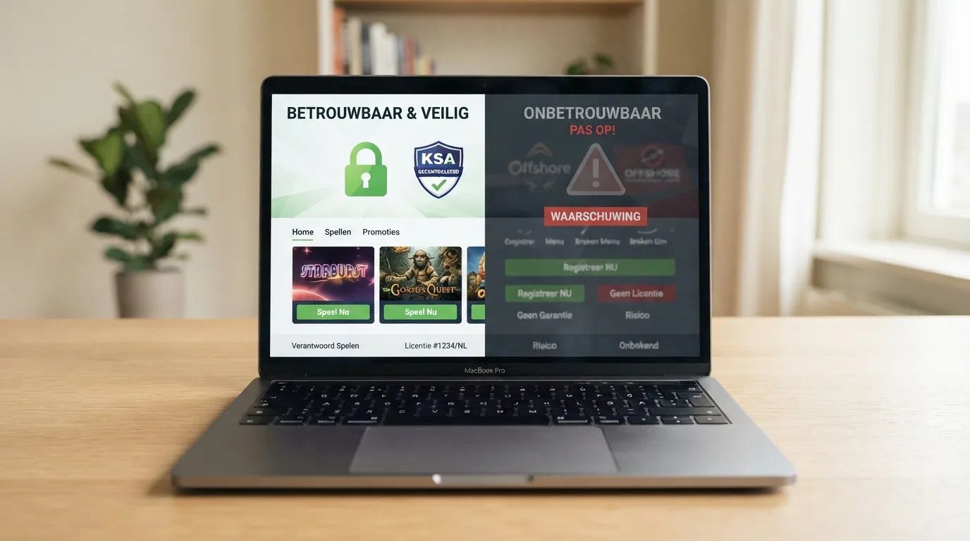 Een splitscreen: links een Ksa-vergund casino met hangslotje en CRUKS-logo, rechts een anonieme offshore-site zonder keurmerken.