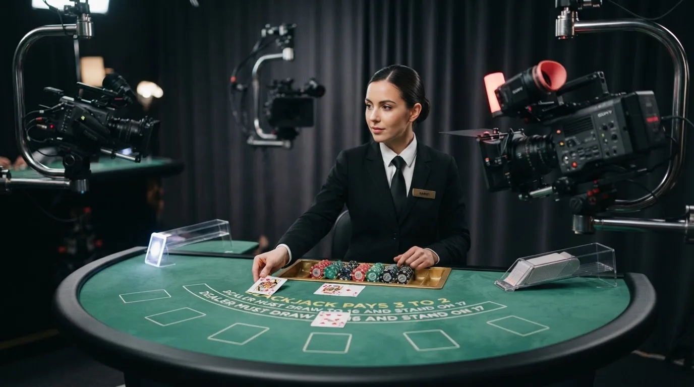 Een live dealer aan een blackjacktafel in een casino-studio, gefilmd door meerdere camera's