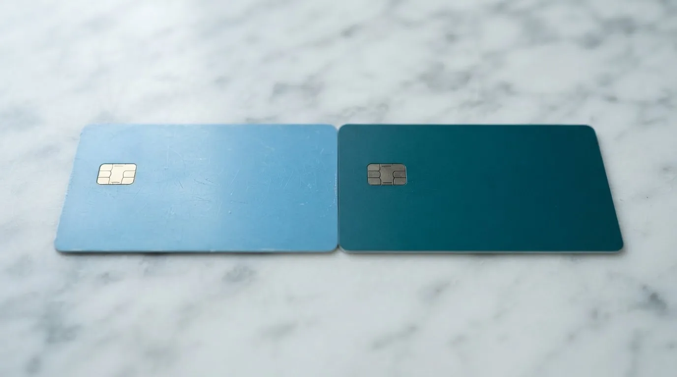 Een oude Maestro-betaalpas naast een nieuwe Debit Mastercard-betaalpas