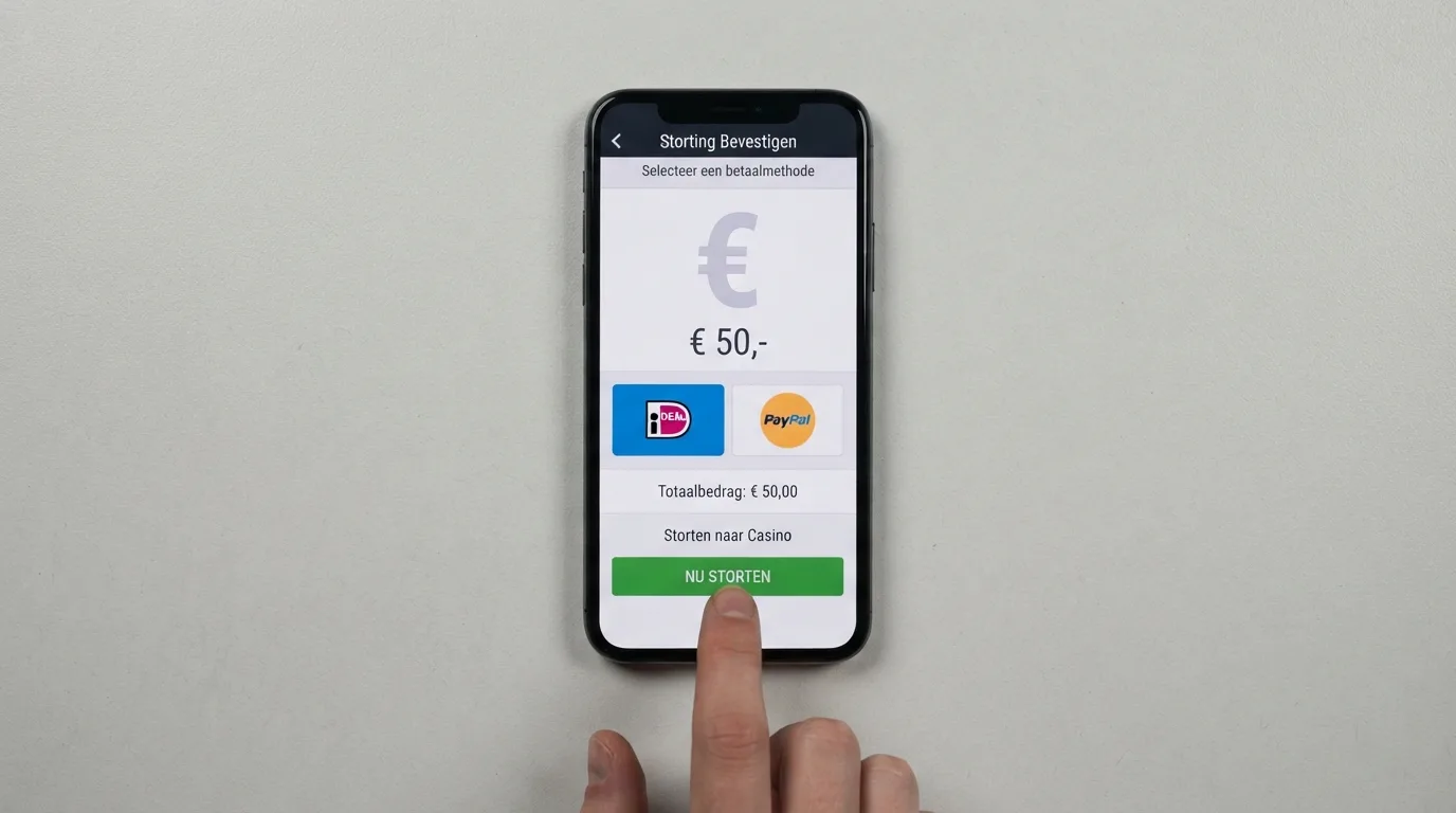 Stortingsscherm van een online casino met iDEAL en Mastercard als gekozen betaaloptie