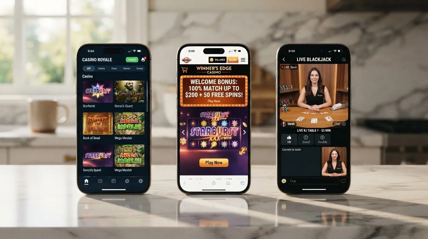 Drie smartphones naast elkaar met elk een andere Nederlandse casino-app geopend, verschillend in ontwerp en kleur