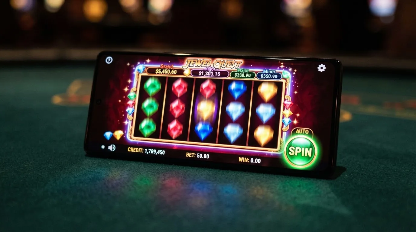 Een felgekleurde gokkast op een Android-telefoon in landscape-modus, met de spin-knop groot en duidelijk onderaan het scherm