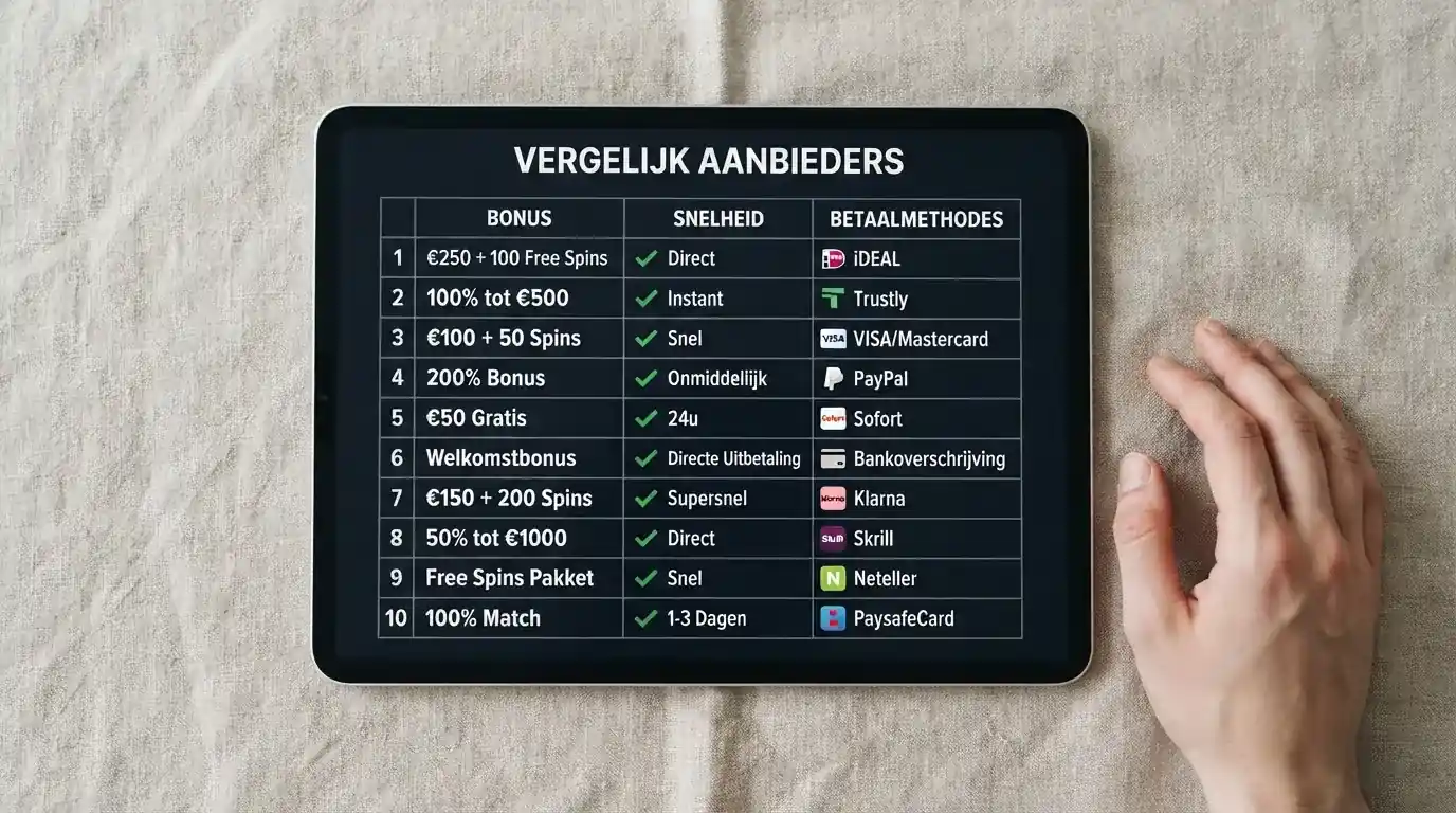 Een overzichtelijk vergelijkingsscherm van online casino's op een tablet, met kolommen voor bonus, snelheid en betaalmethoden