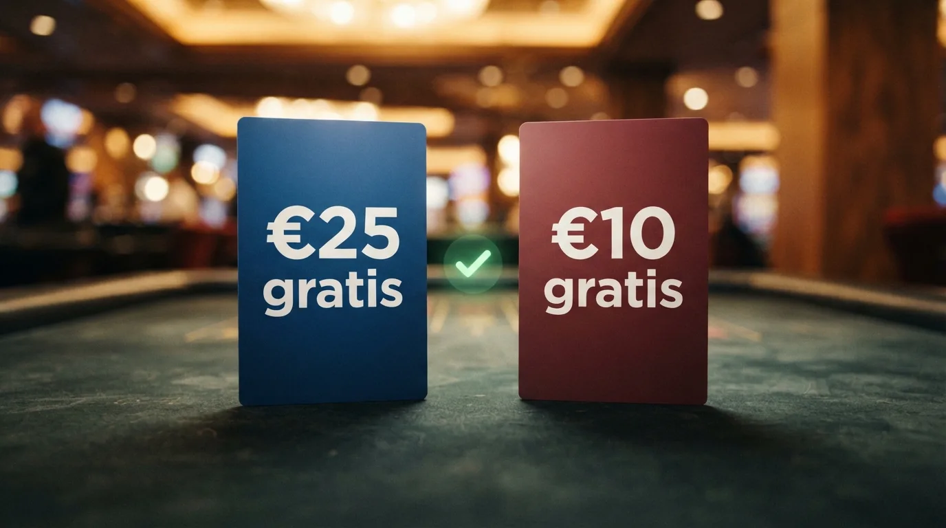 Twee casino-bonuskaarten naast elkaar: links “€25 gratis” (Kansino) en rechts “€10 gratis” (One Casino), met Nederlandse licentie-logo's