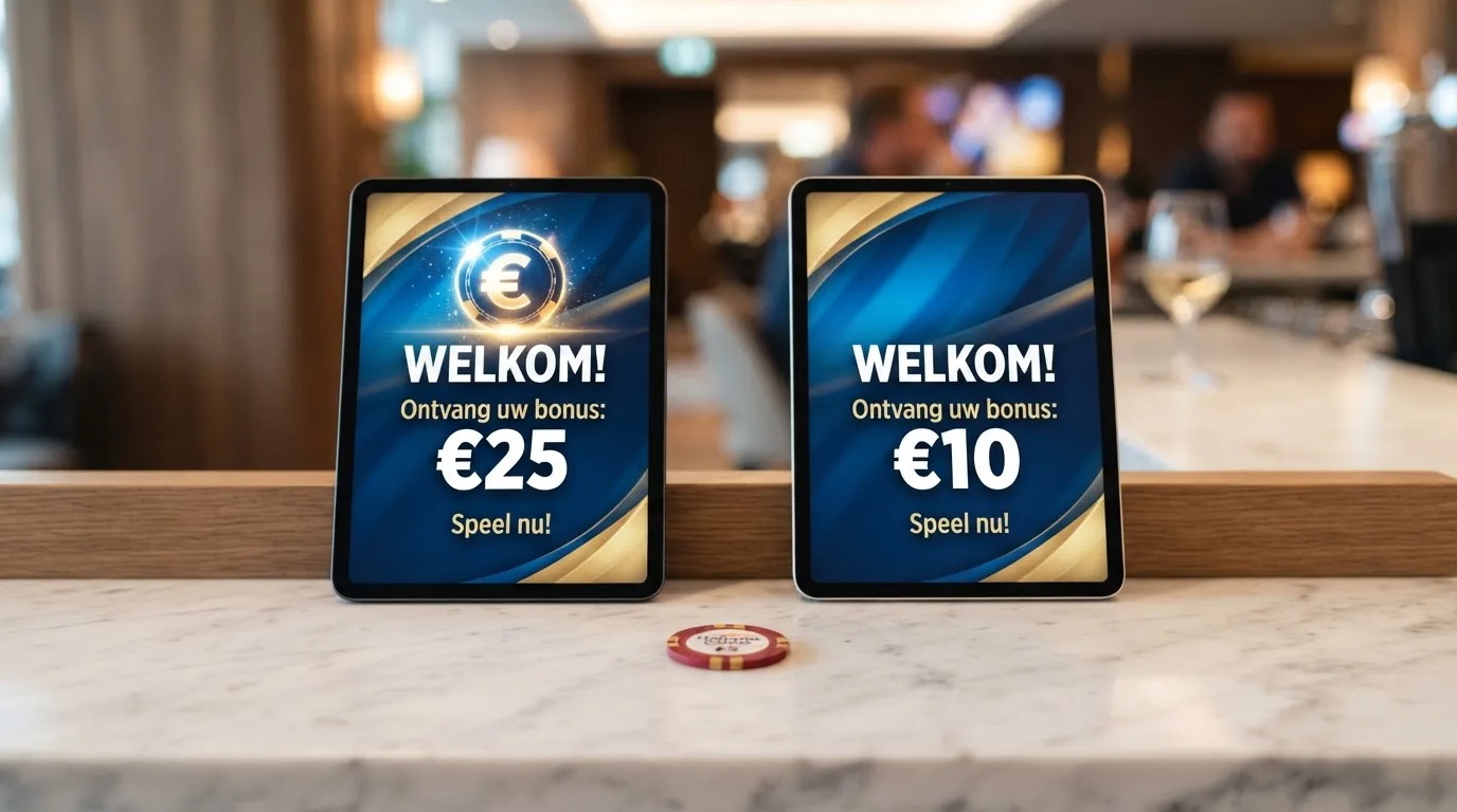 Twee schermen naast elkaar met het gratis speelgeld van Kansino (€25) en OneCasino (€10)